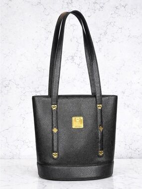 MCM Leather Bucket Tote Black Gold Hardware Structured Mini Tote Luxury Vintage